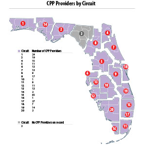 Child Parent Psychotherapy Providers (CPP) by Circuit; Number of CPP Providers — Circuit 1: 24; Circuit 2: 19; Circuit 4: 15; Circuit 5: 11; Circuit 6: 13; Circuit 7: 13; Circuit 8: 9; Circuit 9: 17; Circuit 10: 1; Circuit 11: 9; Circuit 12: 11; Circuit 13: 13; Circuit 14: 3; Circuit 15: 65; Circuit 16: 1; Circuit 17: 27; Circuit 18: 7; Circuit 19: 14; Circuit 20: 3; Circuit 3: No Providers on Record